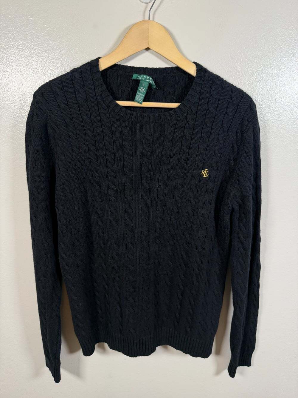 Lauren Ralph Lauren Cable Knit Sweater Size XL Black Crewneck Embroidered Logo